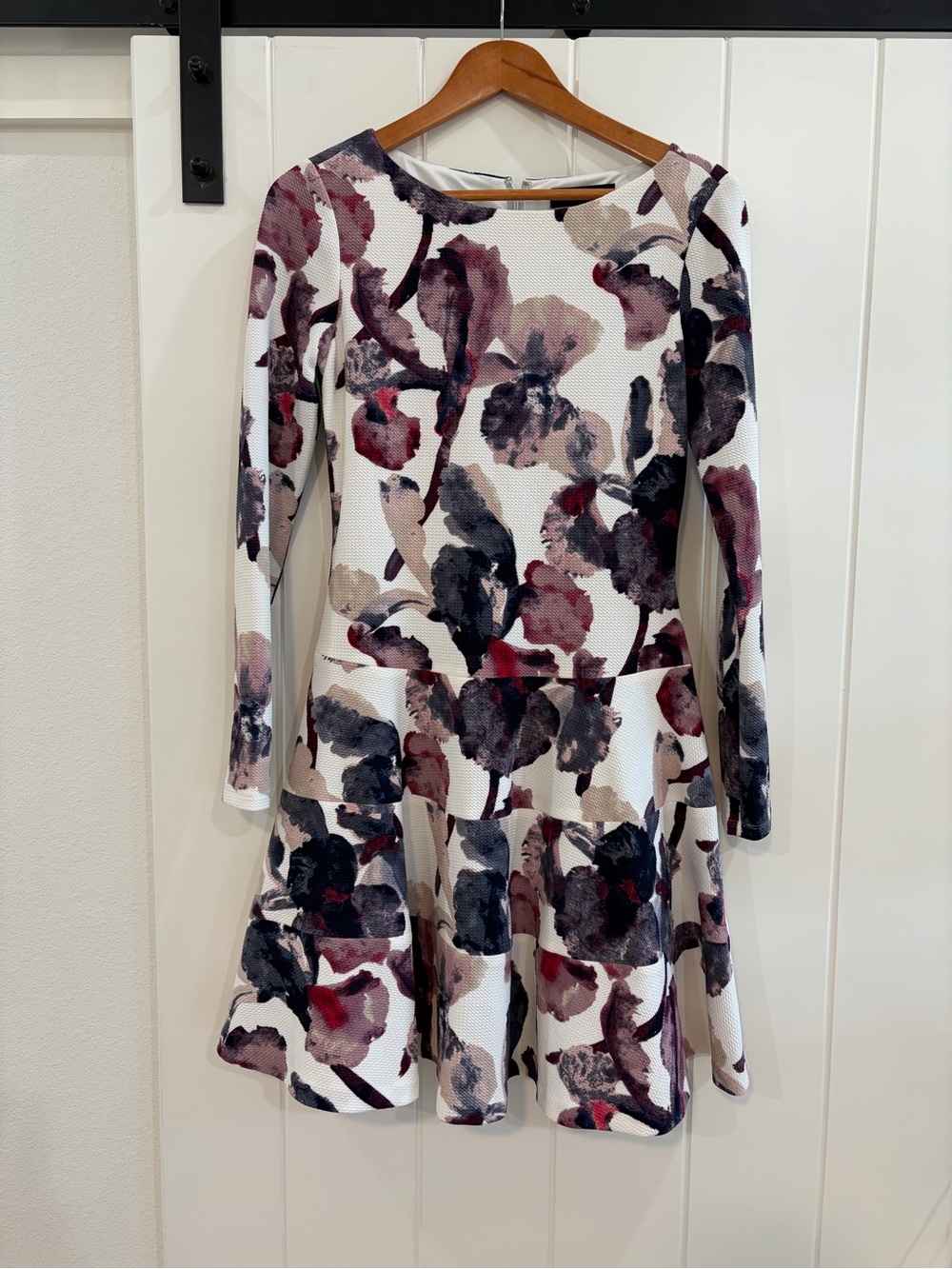 Floral textured long sleeve Ivanka Trump dress in Cream and Plum